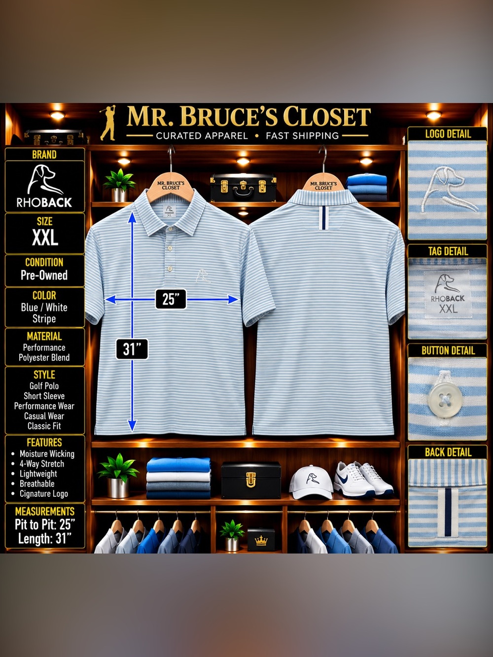 Rhoback Men's Blue & White Striped Polo